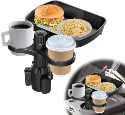 Kayuneed Auto Getränkehalter Tisch Tablett, 3 in 1 Becherhalter Auto Adapter mit Handyhalter & Abnehmbarem Essenstablett, 360° Verstellbares Auto Tisch für Wasserflaschen Getränk Snack