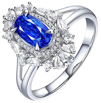 Vorsteckring Gold 750, Trauringe Damen Cluster Blume 4 Prong Labor Geschaffener Saphir 1.55ct Ovale Form Blau Eheringe Gr.60 (19.1) 18 Karat Weißgold