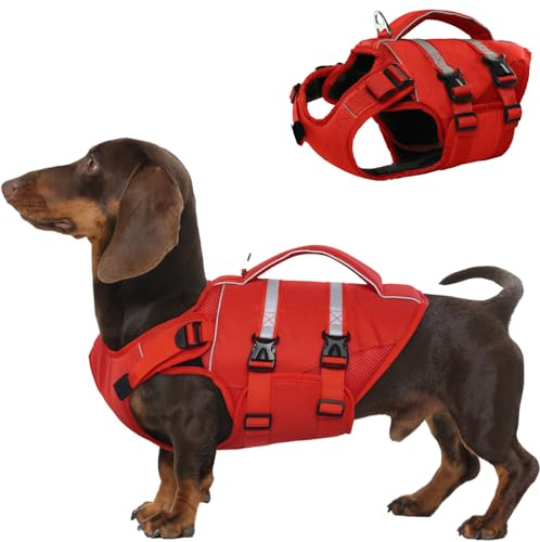 Kuoser Schwimmweste Hund klein, Hundeschwimmweste mit Griff, Rot XS