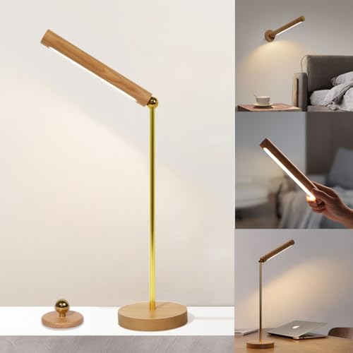 LED Akku Tischlampe aus Holz Kabellose Leselampe Touch Dimmbar 4000K Tischleuchte USB Wiederaufladbar Magnetisch Schreibtischlampe 360° drehbar Abnehmbare Holzlampe für Schlafzimmer Esstisch Büro