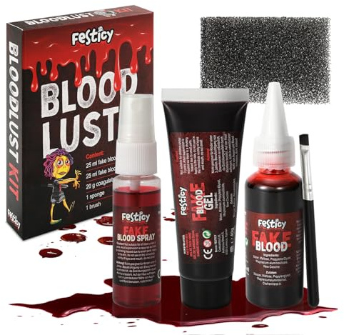Festicy Kunstblut Halloween Set, 25 ml Blut, 25 ml Spray, 20 g Gel | Für Halloween, Zombie, Vampir, Monster Party Kostüme, SFX Make Up, Fake Blood Gel, Fake Blut Spray, mit Pinsel & Schwamm
