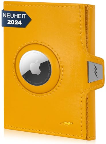 Marc Peter® Jupiter Echtleder Geldbörse mit Münzfach und RFID-Schutz – Kleines Portemonnaie für Herren, Apple AirTag Mini kompatibel, Kreditkartenetui für bis zu 11 Karten, Gelb