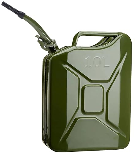 ESTO Bidón de gasolina de metal verde militar capacidad 5 L, 10 L, 20 L con o sin boquilla, cierre de seguridad, antioxidante, certificado UN transporte de mercancías peligrosas, 10 litros/con