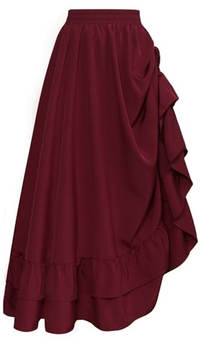 SCARLET DARKNESS Falda Maxi Medieval para Mujer Steampunk Cintura Alta Victoriana de Doble Capa con Volantes Rojo Vino XL