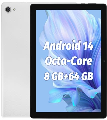 Tablet Android 14 Tablet da 10 pollici, 8 GB RAM 64 GB ROM 1 TB espandibile, processore Octa-Core, touch screen IPS HD 1280x800, WiFi 6, doppia fotocamera, BT5.3, 5000 mAh, Widevine L1 (Bianco)