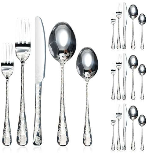20Pcs Stainless Steel Flower Pattern Cutlery Set Elegant Flower Pattern Flatware Set Smooth Pattern Design Silverware Set Dishwasher Safe for Home Kitchen Party(Silver)
