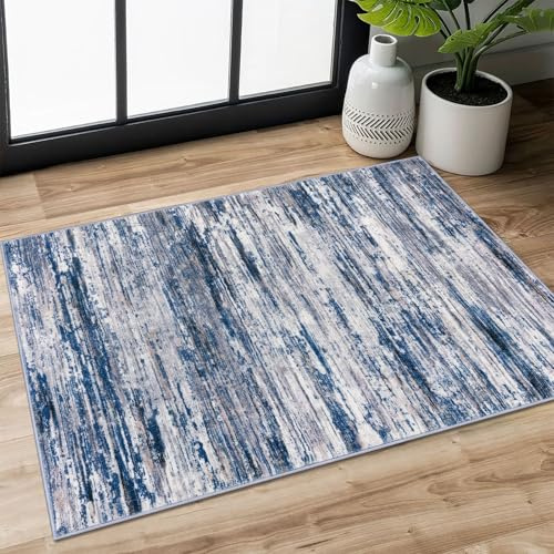 SIILOOM 2x3 Modern Abstract Rug for Entryway, Navy Blue Gray Neutral Multi Super Soft Small Area Rug, Washable Non-Slip Kitchen Rugs, Low-Pile Mat for Bedside, Indoor Door Mat