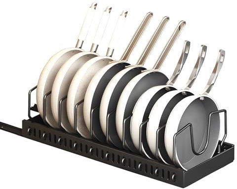 DOZNOZRI Topfdeckelhalter für Schrank Ausziehbarer Pfannenhalter für Schublade mit 8 Verstellbaren Fächern Töpfe und Pfannen Organizer Schublade Pfannen Organizer Schrank für Küche (Black)