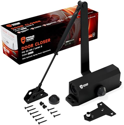 PrimeWare DC-300 Automatic Adjustable Door Closers for Home | Soft Close, No Slam | Residential and Commercial Door Closer | Level 3 | for Doors Weighing 90-140 lbs | Hydraulic Door Spring - Black