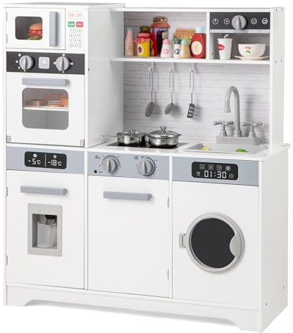 RELAX4LIFE Cucina Giocattolo per Bambini, Mini Cucina in Legno, Suoni e Luci Realistici, Cucina Giocattolo con Lavello, Fornelli, Lavatrice, per Bambini 3+ Anni, 80 x 31,5 x 89 cm