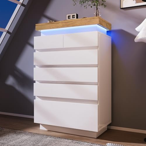 HUMZGHG Kommode 115 x 73 x 39 cm, Hochglanz Sideboard mit 6 Schubladen, LED Beleuchtung (App Control), Mehrzweckschrank für Wohnzimmer und Schlafzimmer, Weiß
