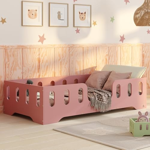 smartwood Bodenbett 60x120 cm mit Rausfallschutz, Holz, Rosa, TILA 2 | Montessori Kinderbett, Lattenrost belastbar bis 230 kg, FSC-Zertifikat, abgerundete Kanten, Einfache Montage, ab 3 Jahren