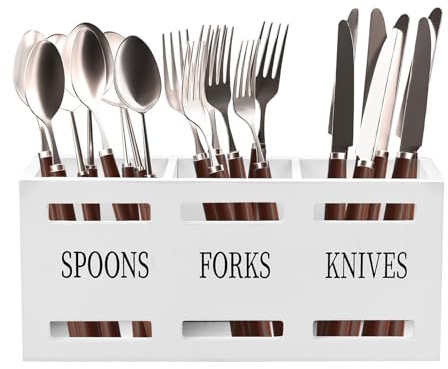 25.5*8.7*11 cm Portacubiertos de Madera, 3 Compartimentos Soporte Utensilios Cocina Porta Cubiertos Soporte para Utensilios de Cocina para Encimera, para Cubiertos, Tenedor, Cuchara, Espátula (Blanco)