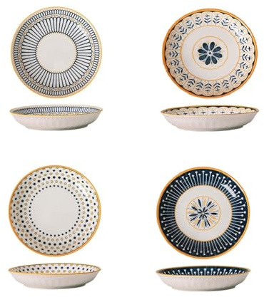 Nordic 8(20cm) Ceramic Deep Plates Set of 4 – Hand-Painted Underglaze Dinner Plates, Microwave & Dishwasher Safe, Porcelain Pasta Salad Plates, Modern Blue & Yellow Designs