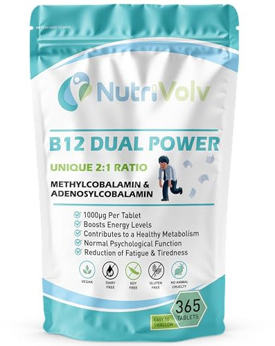 NutriVolv Vitamin B12 1000mcg – 365 Tablets | Dual Active B12 Complex | Methylcobalamin & Adenosylcobalamin | High Strength Vegan Supplement | 1 Year Supply | Energy, Nerve & Immune Support | UK Made