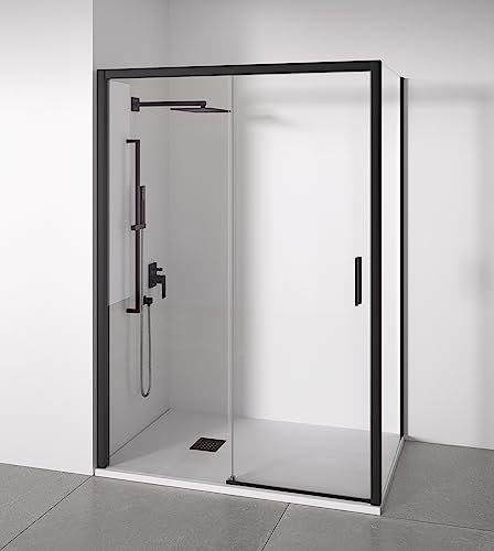 Mampara de Ducha Angular 1 Corredera + 2 fijos - Sin Perfilería Inferior - Cristal Transparente Templado 6mm - Negro Mate - Ancho Adaptable 140-145x67-70 - Posición Puerta derecha - Alto 195cm