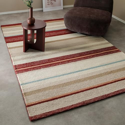 Wecon Home Kurzflorteppich Sally, 80 x 150 cm, beige Multi | handgetufteter Teppich mit modernem Streifenmuster, 100% Schurwolle, pflegeleicht & zertifiziert
