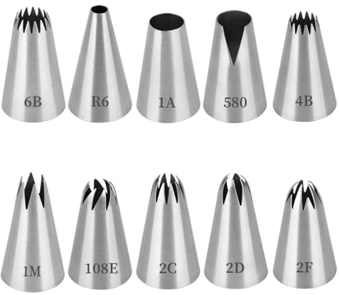 Lot de 10 Grosse Douille Patisserie Professionnelles (1M, 1A, 2D, 580, 108E, 2F, R6, 6B, 2C et 4B) pour Décorer vos Gâteaux, Cupcakes, Gâteaux et Biscuits, DIY Cupcake et Muffins Gâteaux