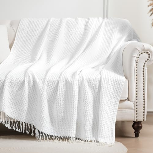 Sonive Baumwolle Waffledecke Kuscheldecke 127x152cm Weiß | Weiche Warme Wohn- & Kuscheldecke, Leichte Sofadecke Couchdecke perfekt für das ganze Jahr OEKO-TEX® zertifiziert