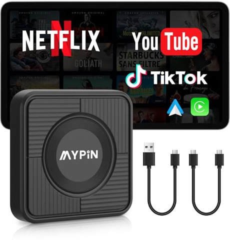 MYPIN Adattatore Wireless CarPlay 3 in 1, per Android Auto e Video, con Supporto Netflix/YouTube e Slot per Schede TF, Plug & Play, Compatibile con USB Type-C/A, per iPhone e Android