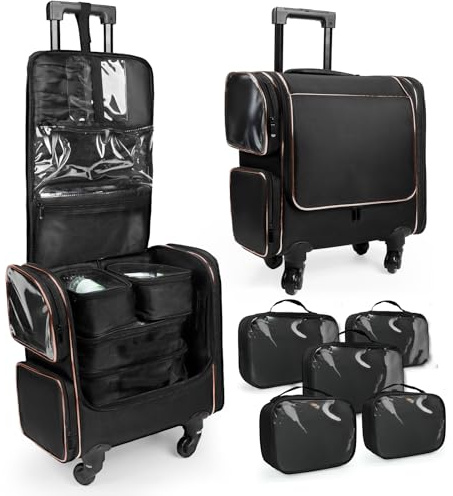 Rolling Makeup Train Case, Professional Makeup Organiser Case, Large Travel Cosmetic Organizer Make Up Storage Bag Trolley for Artist, Hairstylist, Vanity Beauty Box with 5 Toiletry Bags