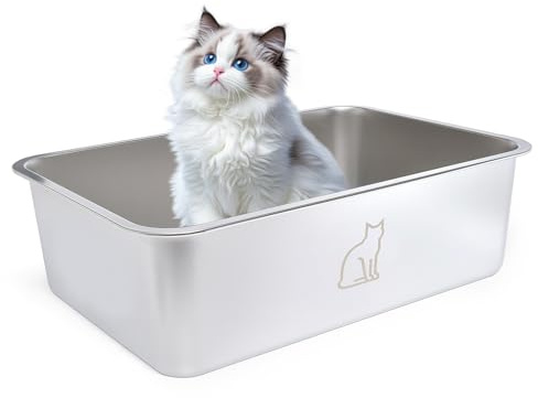 Caja de arena XXL de acero inoxidable para gatos grandes, a prueba de fugas y fácil de limpiar, nunca olores, libre de óxido (50 x 35 x 15 cm)
