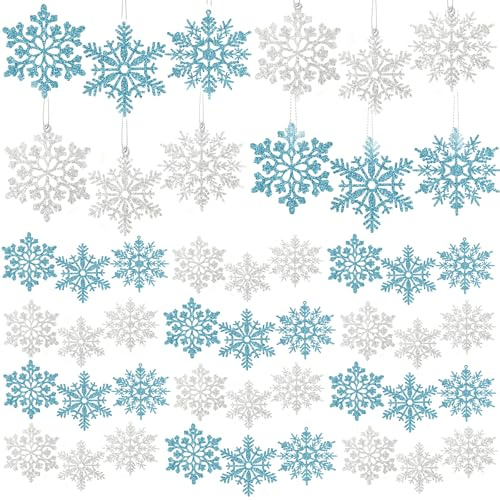 VIKY® 42 Stück Weihnachtsbaum Deko Schneeflocken - Silber & Blau Mix Set aus Papier I 3 Verschiedene Designs I Christbaumschmuck, Weihnachtsbaumschmuck für Baum, Fenster, Girlanden