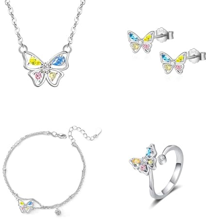 HinDaLi Schmetterling Schmuckset Ohrringe Halskette Ringe Armband für Damen | 4 Paare 925 Sterling Silber Zirkonia Ohrschmuck Silber Schmuck Set Kristall Anhänger Geschenke für Damen Mädchen Frauen
