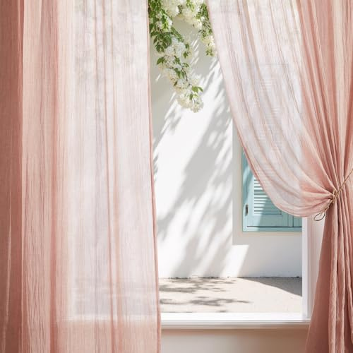 Melodieux Falten Vorhänge Fenster H210 × B140 cm, Rod Pocket Einfarbige Halbtransparent Gardinen, 2er Set, Luftig Dekoschal Rosa Voile Vorhang mit Kräuselband für Wohnzimmer, Schlafzimmer, Fitnessraum