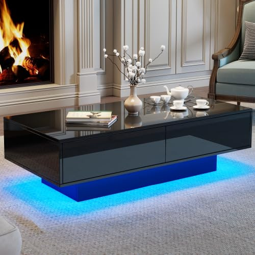 Merax Table basse brillante 115 x 55 x 34 cm, table de salon avec 2 tiroirs, éclairage LED et capacité de charge de 30 kg - Élégante table de salon noire
