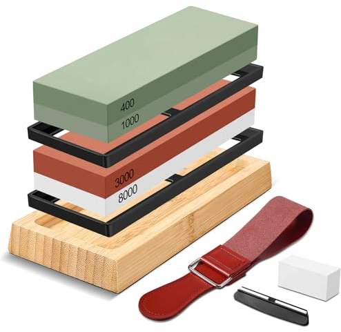 Acsatont Messer Schärfen Schleifstein Messer Set,Schleifhilfe - Profi Messerschleifer mit Körnung 400,1000,3000,8000,mit Leder Rutschfeste Bambusbasis Flachstein Winkelführung Lederstreifen