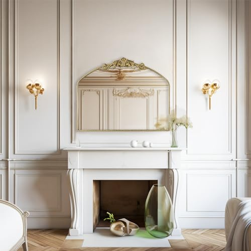 G-LEAF Barock Gold Antik Spiegel 90x74 cm, Vintage Wandspiegel mit Bogenform im Französischerstil für Badezimmer, Schlafzimmer,Wohnzimmer & Flur Kamin Wanddeko