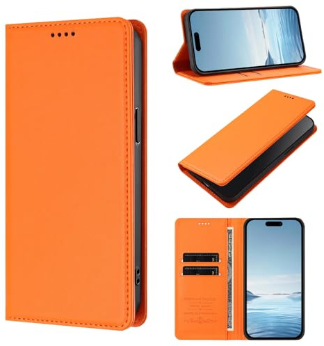 WOWUDI Funda para Motorola Moto E13 2023 4G,Bloqueo RFID Carcasa Protector con Ranuras para Tarjetas,ase Magnético Fuerte Ranura para Doble Tarjeta -Naranja