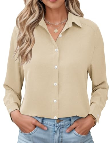 LOMON Women Classic Gingham Shirt Soft Touch Loose Fit Checked Blouse Elegant Top Roll Up Sleeve Shirts Khaki S