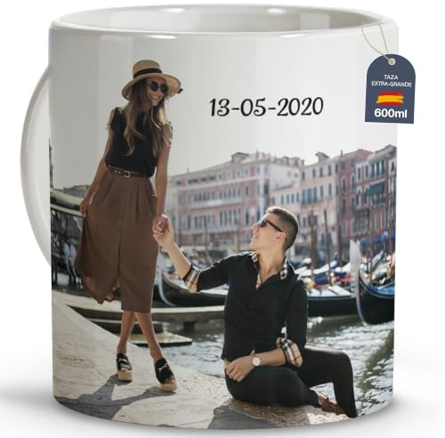 Taza Extra-Grande 600ml Personalizada con Foto y Texto. Regalos con Fotos. Regalo Día de la Madre. Regalo Personalizado Día del Padre. Regalos para Parejas. Taza Personalizable XXL 600ml Jumbo Blanca