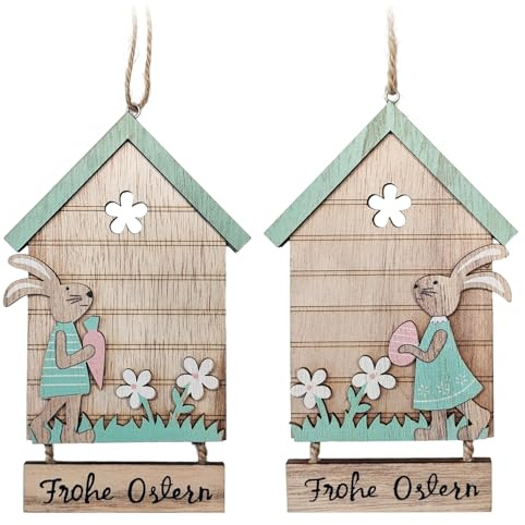 com-four® 2 Colgantes Decorativos de Pascua, Adorno de Madera para Colgar | decoración suspendida con texto Feliz Pascua