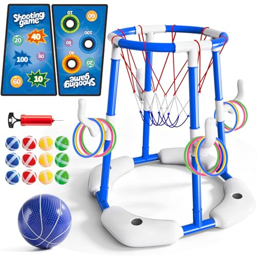 Sitodier Pool Basketball Hoop, 4-in-1 Floating Basketball Hoop with Rings Game Shooting Game and Sticky Balls for Family Party, Outdoor Swimming Pool Games Summer Water Sports Toy for Kids Age 3-12