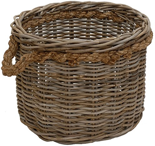 Großer Pflanzkorb Holzkorb rund Grau Natur Rattan mit Seilrand/Übertopf aus Rattan (XXL Ø60cm)