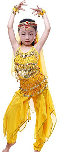 Astage Girls Oriental Belly Dance Sets Costumes All accessories Yellow M(Fits 6-8 Years)