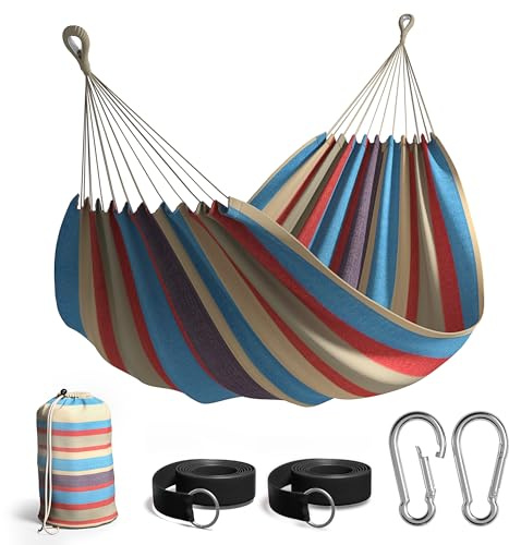 Sorbus® Brazilian Double Hammock - Extra-Long Two Person Portable Hammock Bed for Indoor or Outdoor Spaces - Hanging Rope, Carrying Pouch Included (Blue/Sand/Purple/Red Stripes)