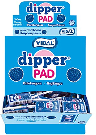 Vidal Golosine Dipper Pad. Caramelo masticabile con palo sapore lampone e colore blu. Confezione da 100 pz.