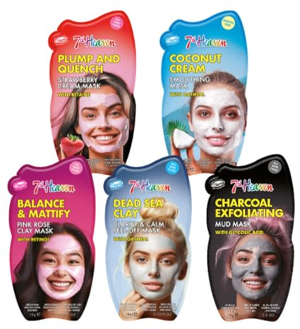7th Heaven Hydratisierende Face Mask Pack mit Tonerde aus dem Toten Meer, Erdbeercreme, rosa farbener Rosenerde, Kokosnusscreme und unreiner Tonerde, 5 Stück (1erPack)