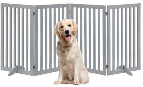 unipaws Freestanding Pet Gate, Folding Wooden Dog Gate, Indoor Barrier with 2PCS Support Feet (203cm Wide, 91cm Height, 4 Panels) Light Grey