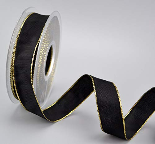 25 m x 25 mm Dekoband Fairy Tale SCHWARZ GOLD Drahtkantenband mit Lurex Metallgarn Schleifenband Goldkante Silberkante Geschenkband Weihnachten Stoffband Metallic glänzend