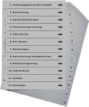 Ordnerregister für Kfz, durchdachtes Register für DIN A4 Ordner, Auto-Ordner für Pkw, Motorrad und Lkw, lichtgrau