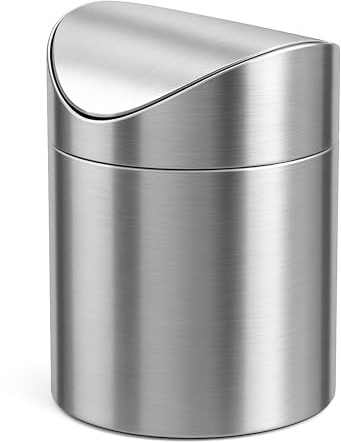 JILLICK Small Mini Trash Can with Lid, Brushed Stainless Steel Small Tiny Mini Trash Bin Can, Mini Countertop Trash Cans for Desk Office, Swing Top Trash Bin 1.5 L/0.40 Gal (Sliver)