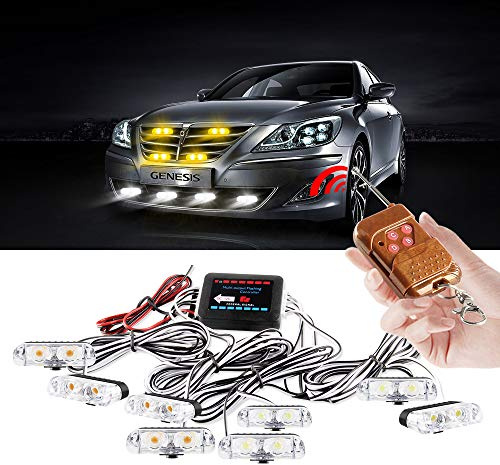 yifengshun 8 in 1 LED Luci Stroboscopiche di Emergenza per Camion Veicolo Avvertimento Lampeggiante Griglia Guida Flash DRL Polizia Auto Moto DC12V Telecomando Senza Fili (Giallo+bianco)