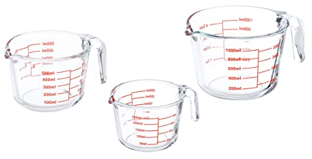 Relaxdays Messbecher Set, 3-teilig, Glasmessbecher 250 ml, 500 ml, 1l, hitzebeständig, mikrowellengeeignet, transparent