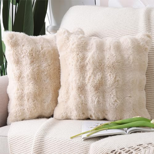 Madizz 2er Set Sanft Plüsch Kurze Wolle Samt Dekorativ Zierkissenbezüge Luxus Stil Kissenbezug für Sofa für Schlafzimmer Beige 45x45 cm