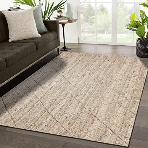 CASAVANI Jute-Teppiche, reines Beige mit schwarzem, handgeflochtenem Flickenteppich, handgewebt, natürliche Jute-Teppiche für Wohnzimmer, Schlafzimmer 150 x 210 cm (5 x 7 Fuß)